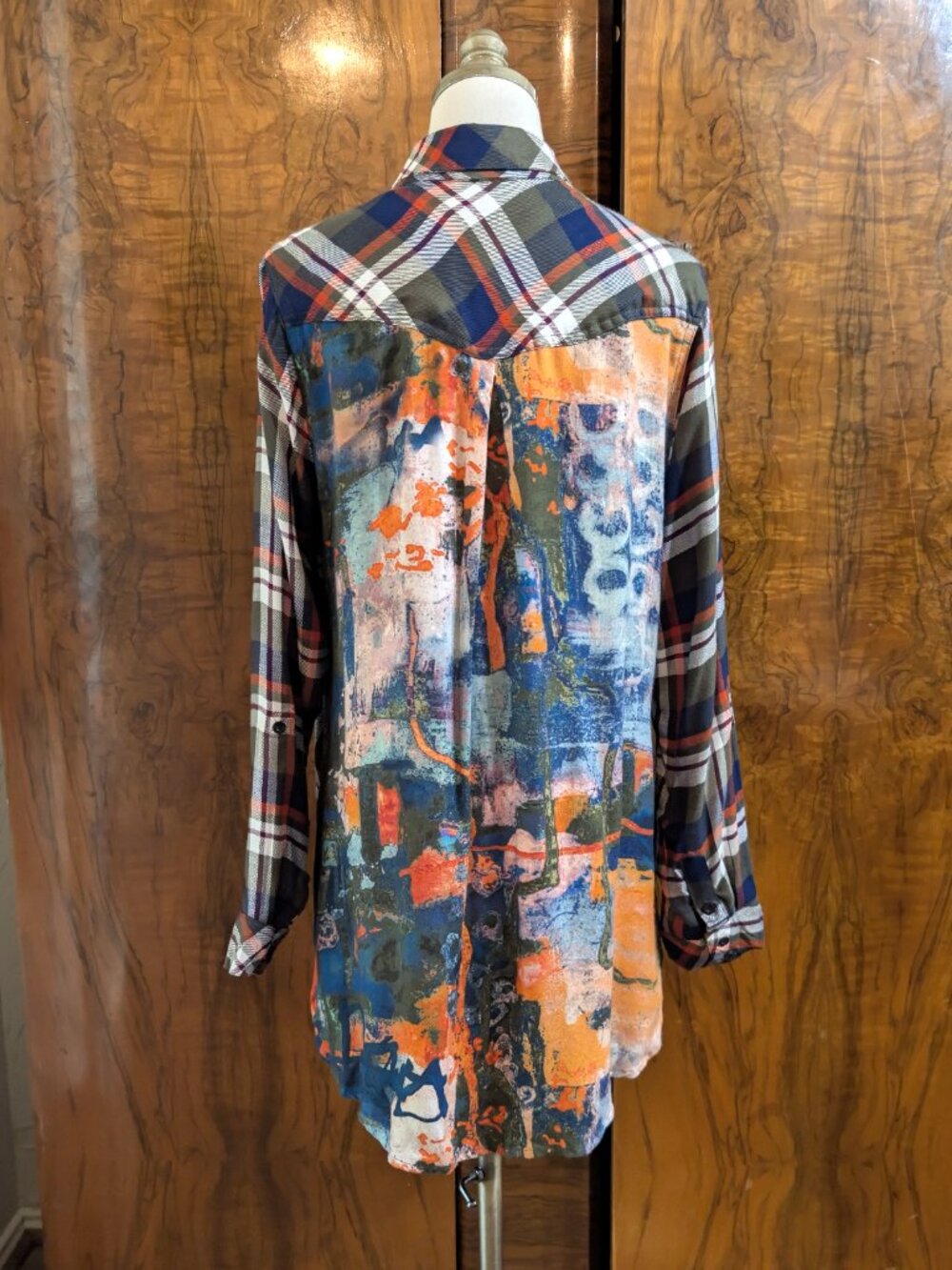 Tolani Collection Mixed Media Plaid Button Down Tunic Shirt S Green Boho